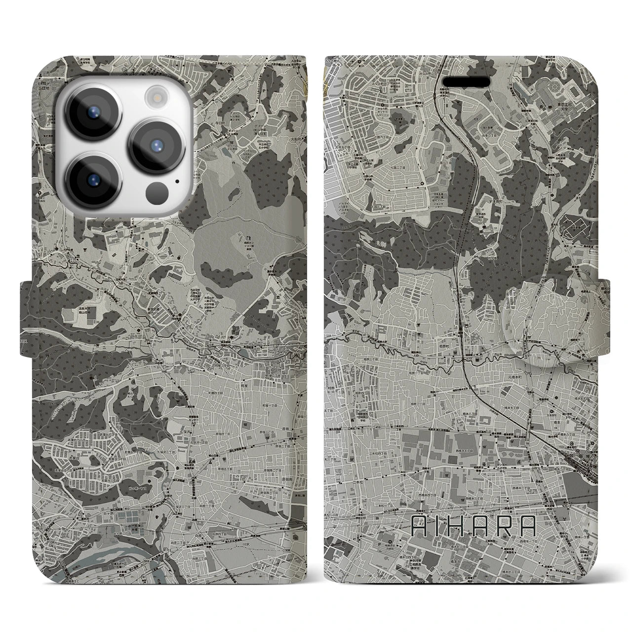 【相原(東京都)】地図柄iPhoneケース(手帳タイプ)モノトーン・iPhone 14 Pro 用