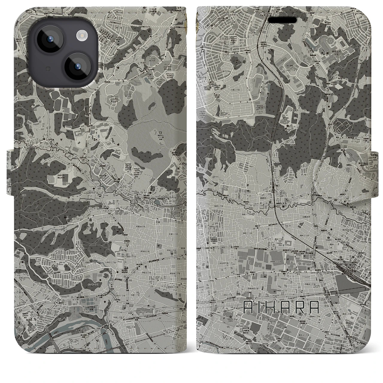 【相原(東京都)】地図柄iPhoneケース(手帳タイプ)モノトーン・iPhone 14 Plus 用