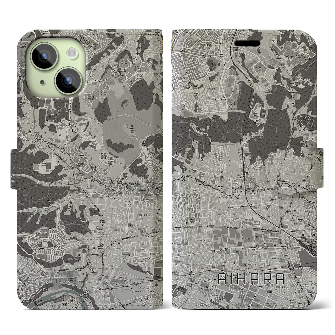 【相原(東京都)】地図柄iPhoneケース(手帳タイプ)モノトーン・iPhone 15 用