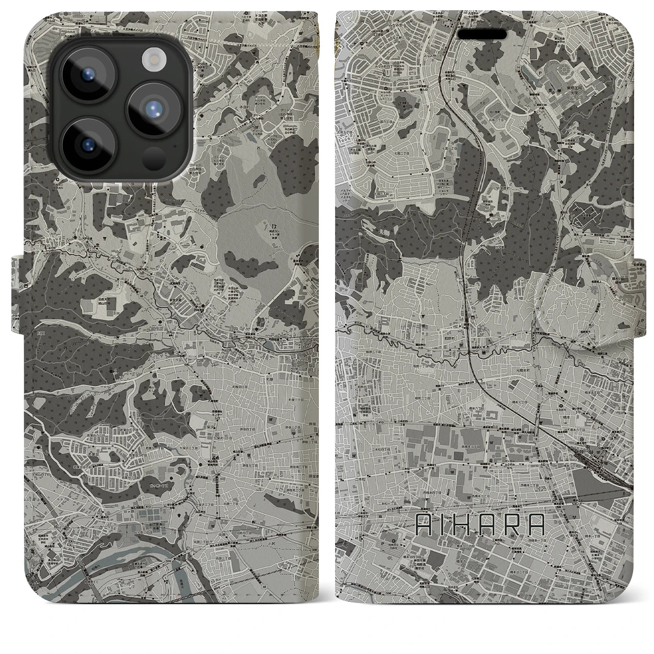 【相原(東京都)】地図柄iPhoneケース(手帳タイプ)モノトーン・iPhone 15 Pro Max 用