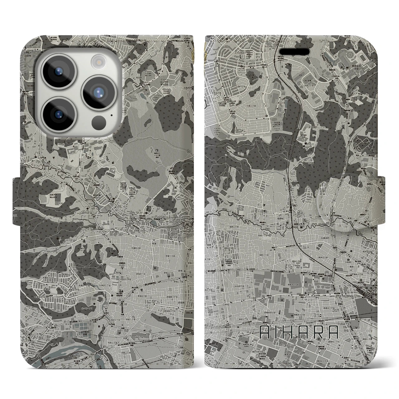 【相原(東京都)】地図柄iPhoneケース(手帳タイプ)モノトーン・iPhone 15 Pro 用