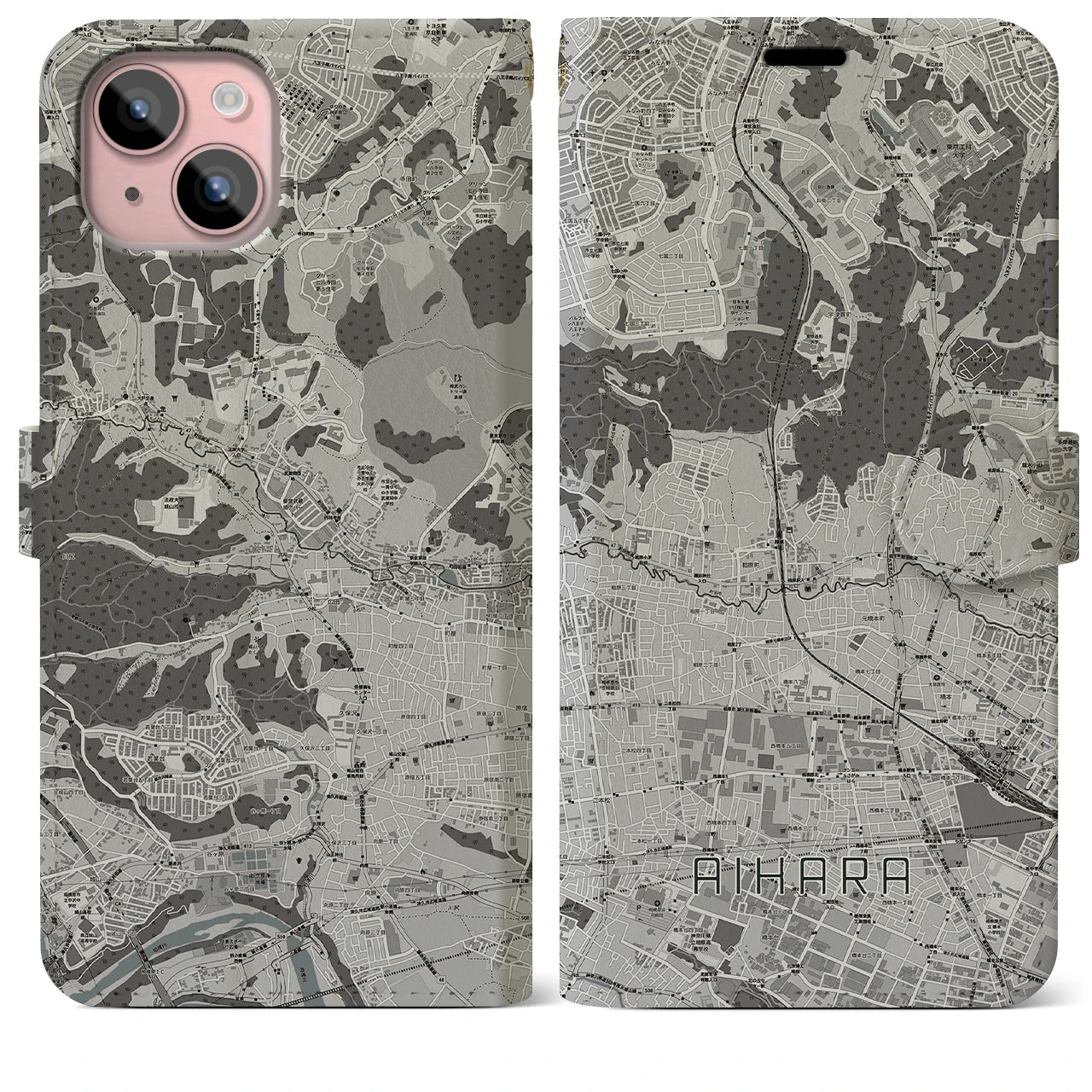 【相原(東京都)】地図柄iPhoneケース(手帳タイプ)モノトーン・iPhone 15 Plus 用