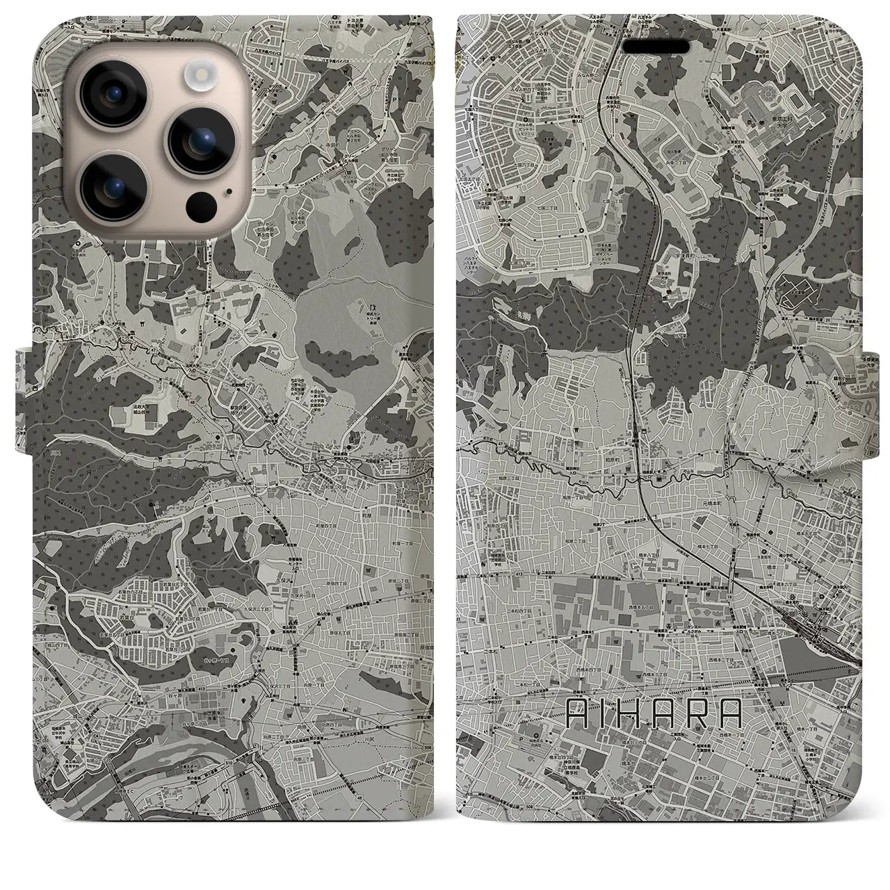 【相原(東京都)】地図柄iPhoneケース(手帳タイプ)モノトーン・iPhone 16 Plus 用