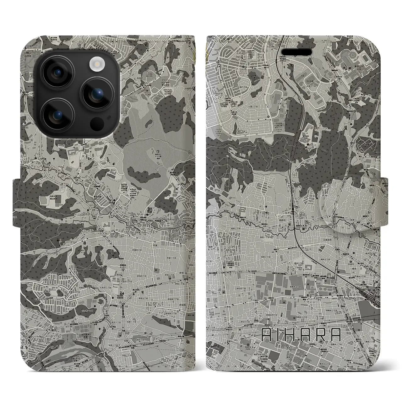 【相原(東京都)】地図柄iPhoneケース(手帳タイプ)モノトーン・iPhone 16 用