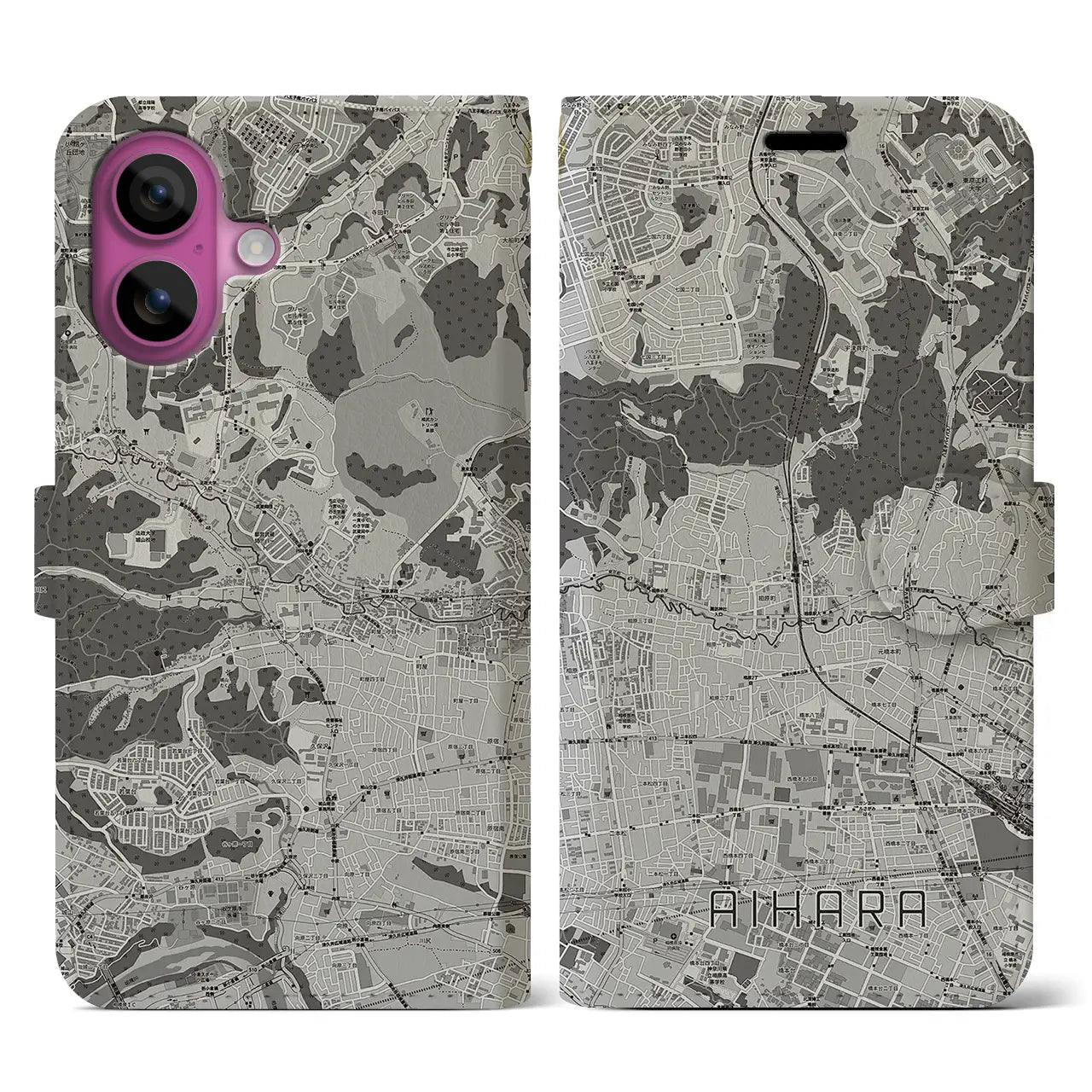 【相原(東京都)】地図柄iPhoneケース(手帳タイプ)モノトーン・iPhone 16 Pro 用