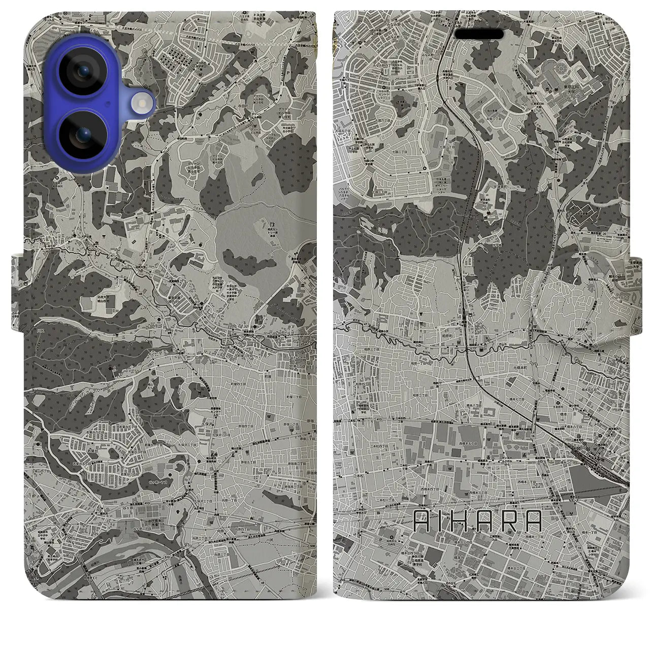 【相原(東京都)】地図柄iPhoneケース(手帳タイプ)モノトーン・iPhone 16 Pro Max 用