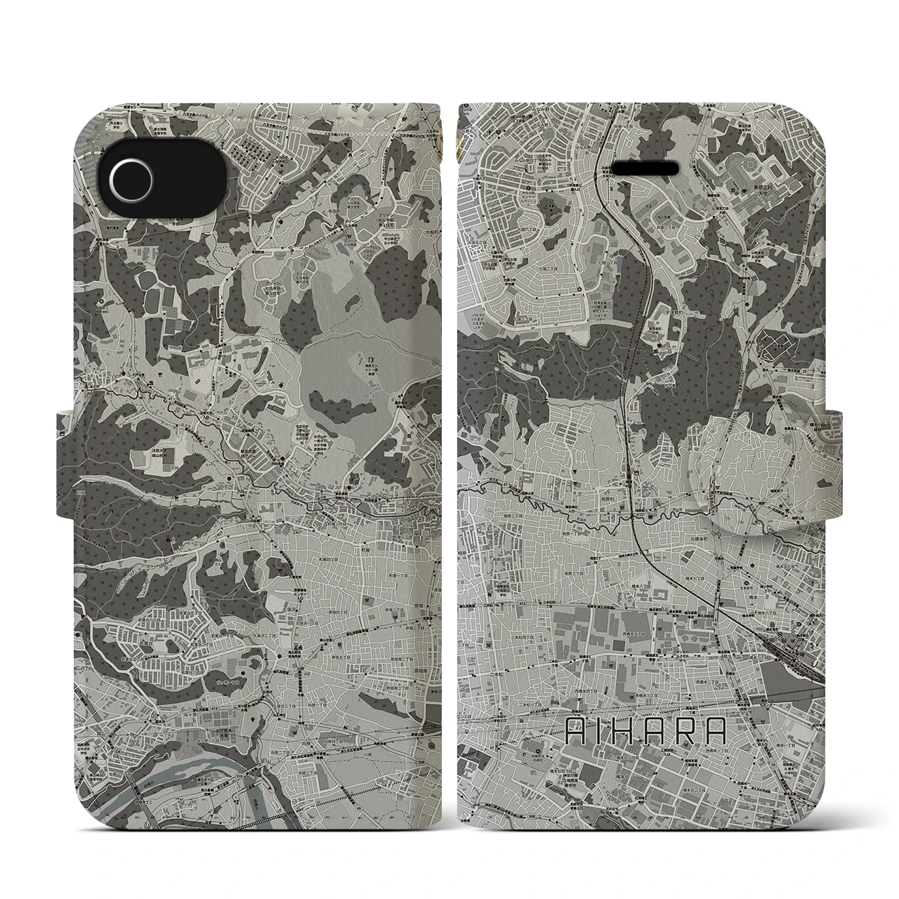 【相原(東京都)】地図柄iPhoneケース(手帳タイプ)モノトーン・iPhone SE(第3 / 第2世代) / 8 / 7 / 6s / 6 用