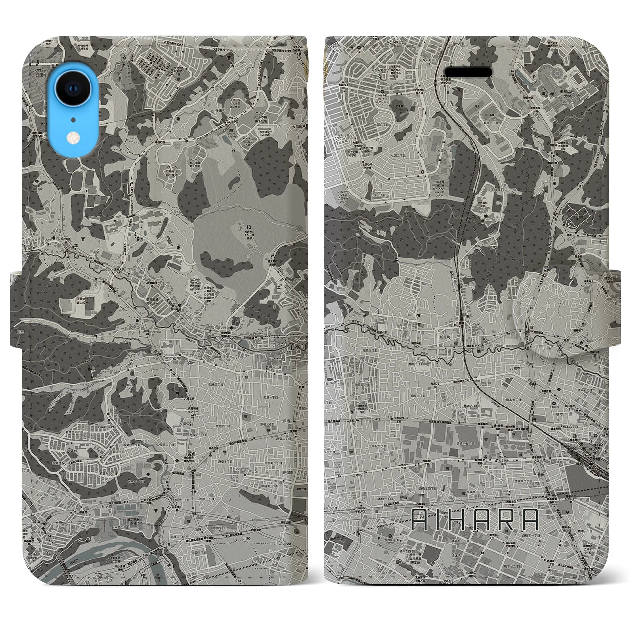 【相原(東京都)】地図柄iPhoneケース(手帳タイプ)モノトーン・iPhone XR 用