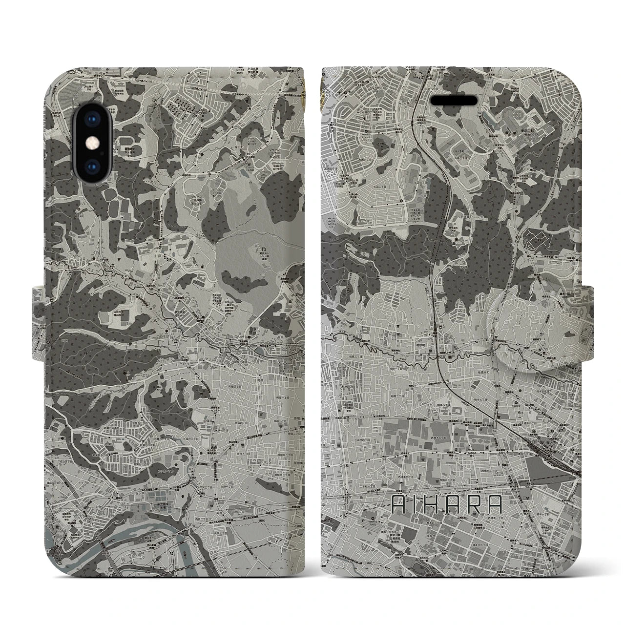 【相原(東京都)】地図柄iPhoneケース(手帳タイプ)モノトーン・iPhone XS / X 用