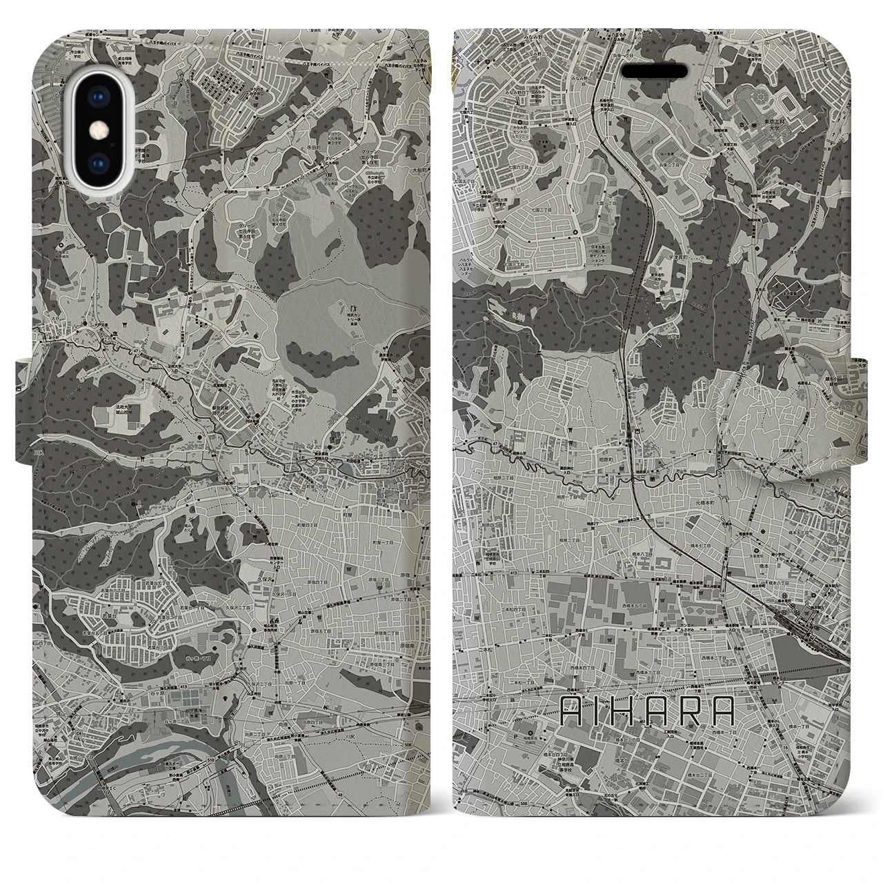 【相原(東京都)】地図柄iPhoneケース(手帳タイプ)モノトーン・iPhone XS Max 用
