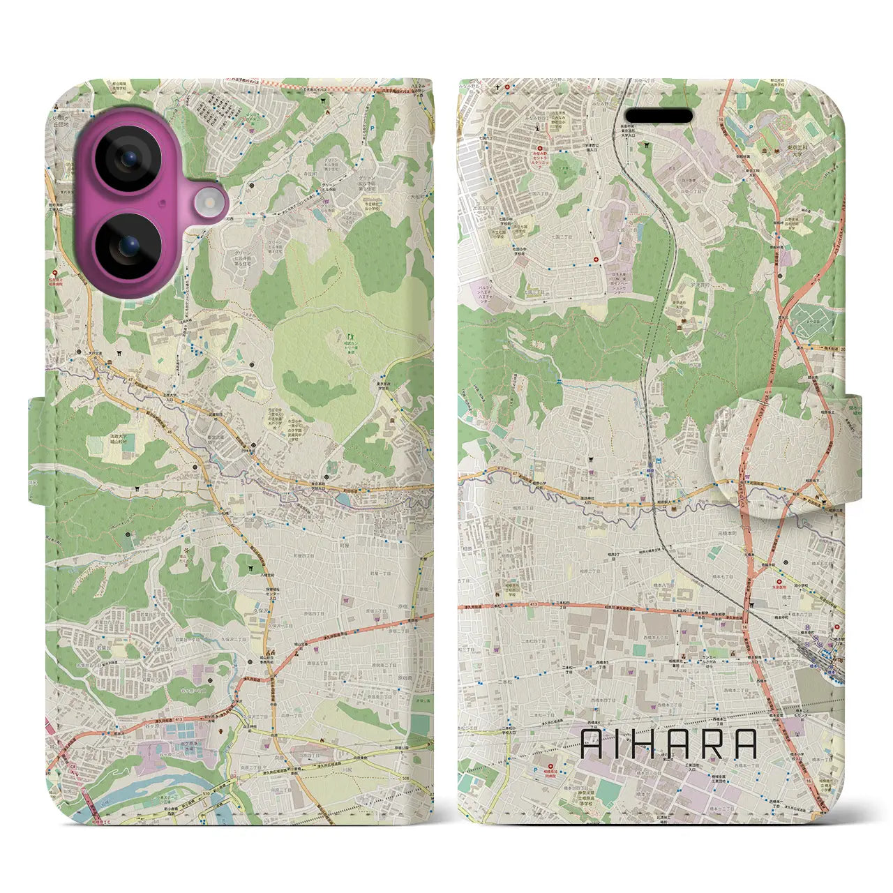【相原(東京都)】地図柄iPhoneケース(手帳タイプ)ナチュラル・iPhone 16 Pro 用