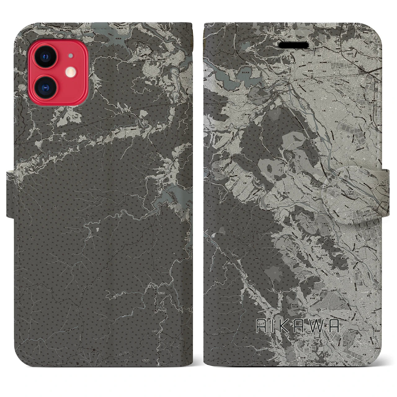 【愛川(神奈川県)】地図柄iPhoneケース(手帳タイプ)モノトーン・iPhone 11 用
