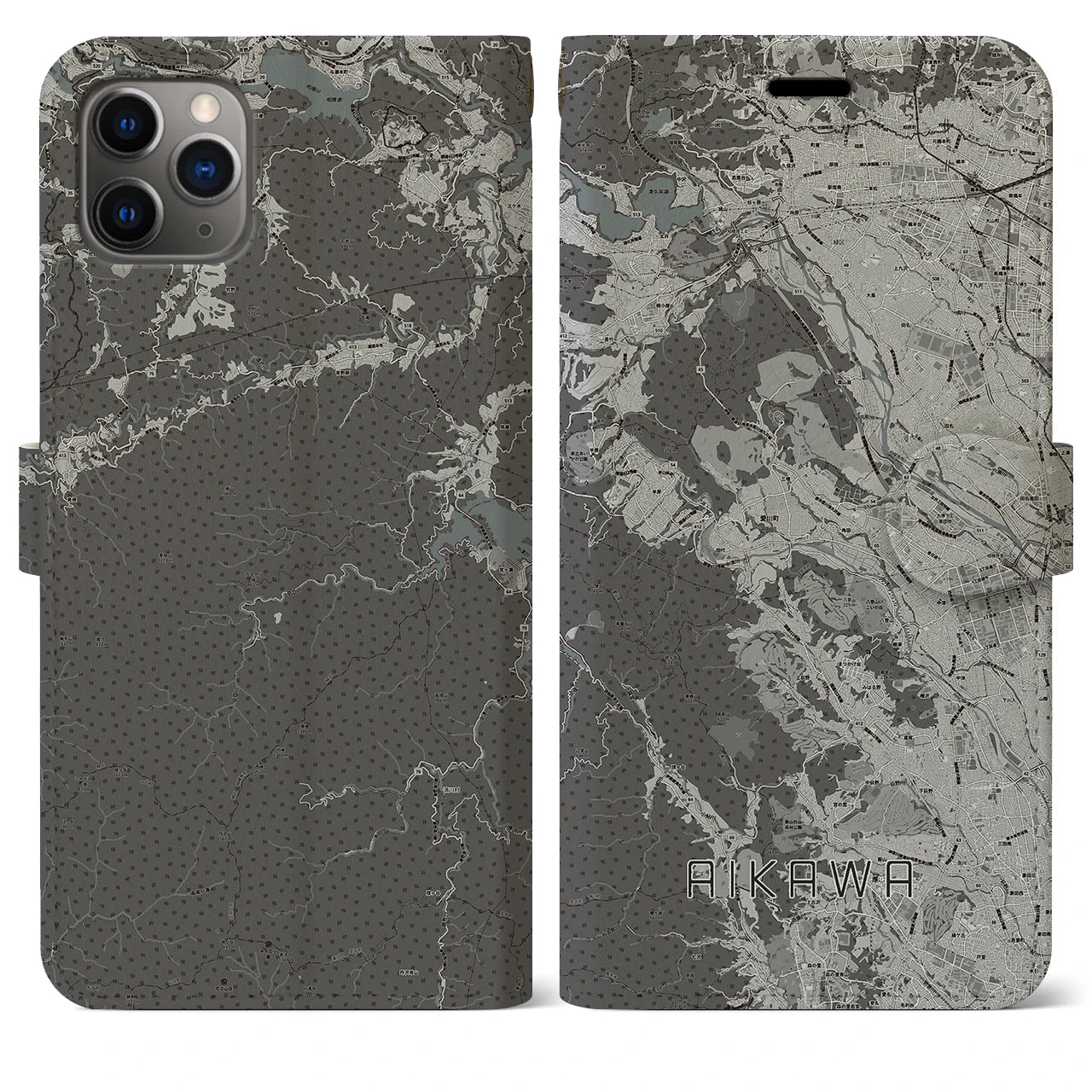 【愛川(神奈川県)】地図柄iPhoneケース(手帳タイプ)モノトーン・iPhone 11 Pro Max 用