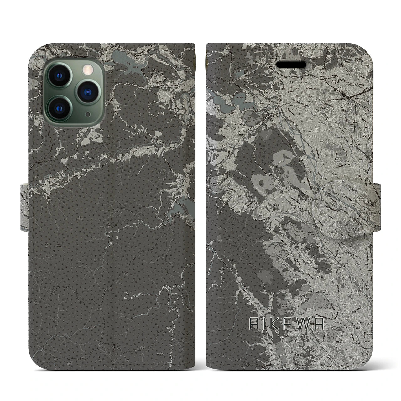 【愛川(神奈川県)】地図柄iPhoneケース(手帳タイプ)モノトーン・iPhone 11 Pro 用