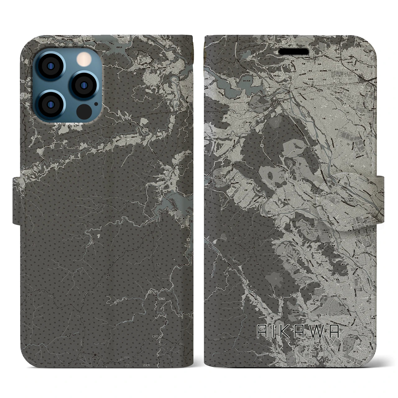 【愛川(神奈川県)】地図柄iPhoneケース(手帳タイプ)モノトーン・iPhone 12 / 12 Pro 用