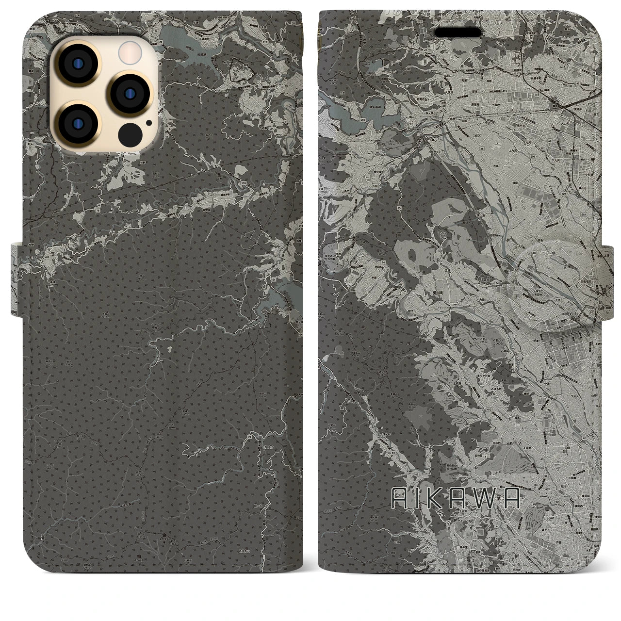 【愛川(神奈川県)】地図柄iPhoneケース(手帳タイプ)モノトーン・iPhone 12 Pro Max 用