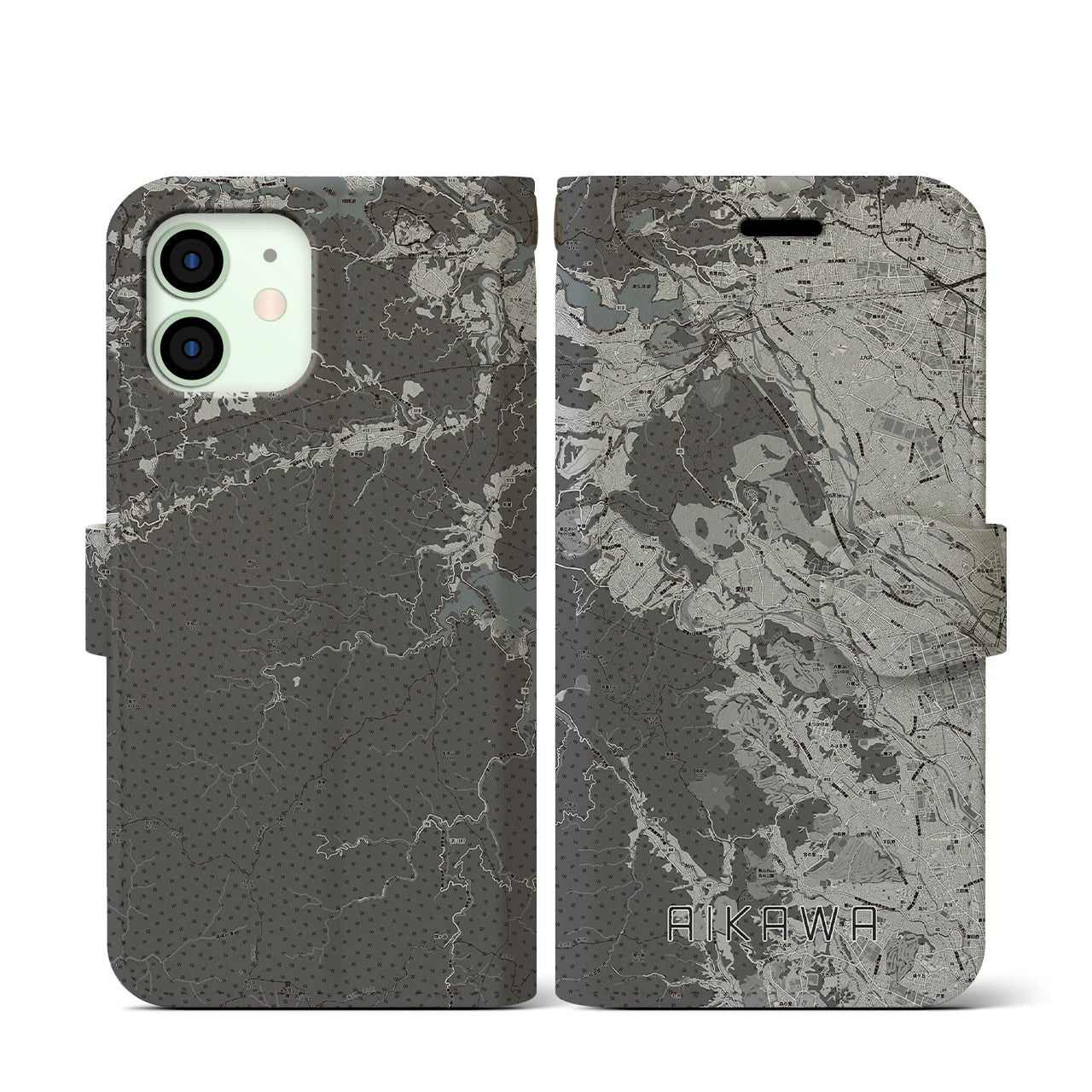 【愛川(神奈川県)】地図柄iPhoneケース(手帳タイプ)モノトーン・iPhone 12 mini 用