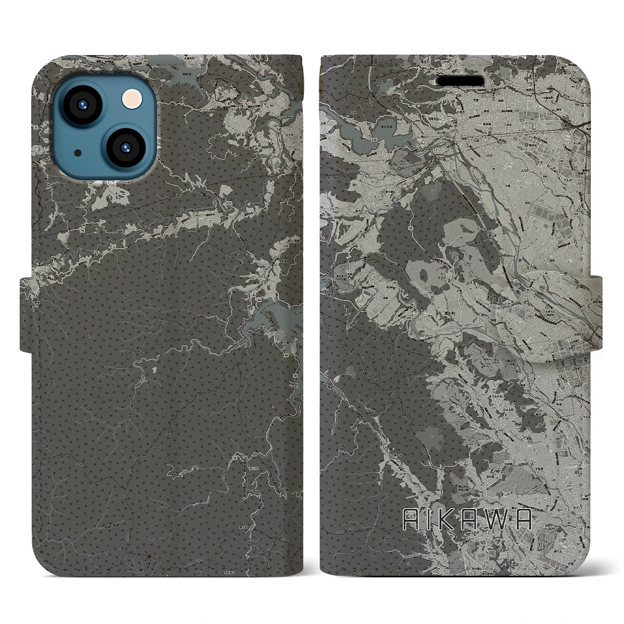 【愛川(神奈川県)】地図柄iPhoneケース(手帳タイプ)モノトーン・iPhone 13 用
