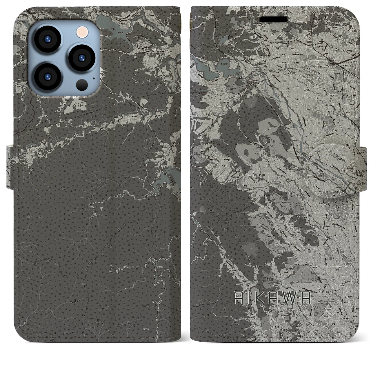 【愛川(神奈川県)】地図柄iPhoneケース(手帳タイプ)モノトーン・iPhone 13 Pro Max 用