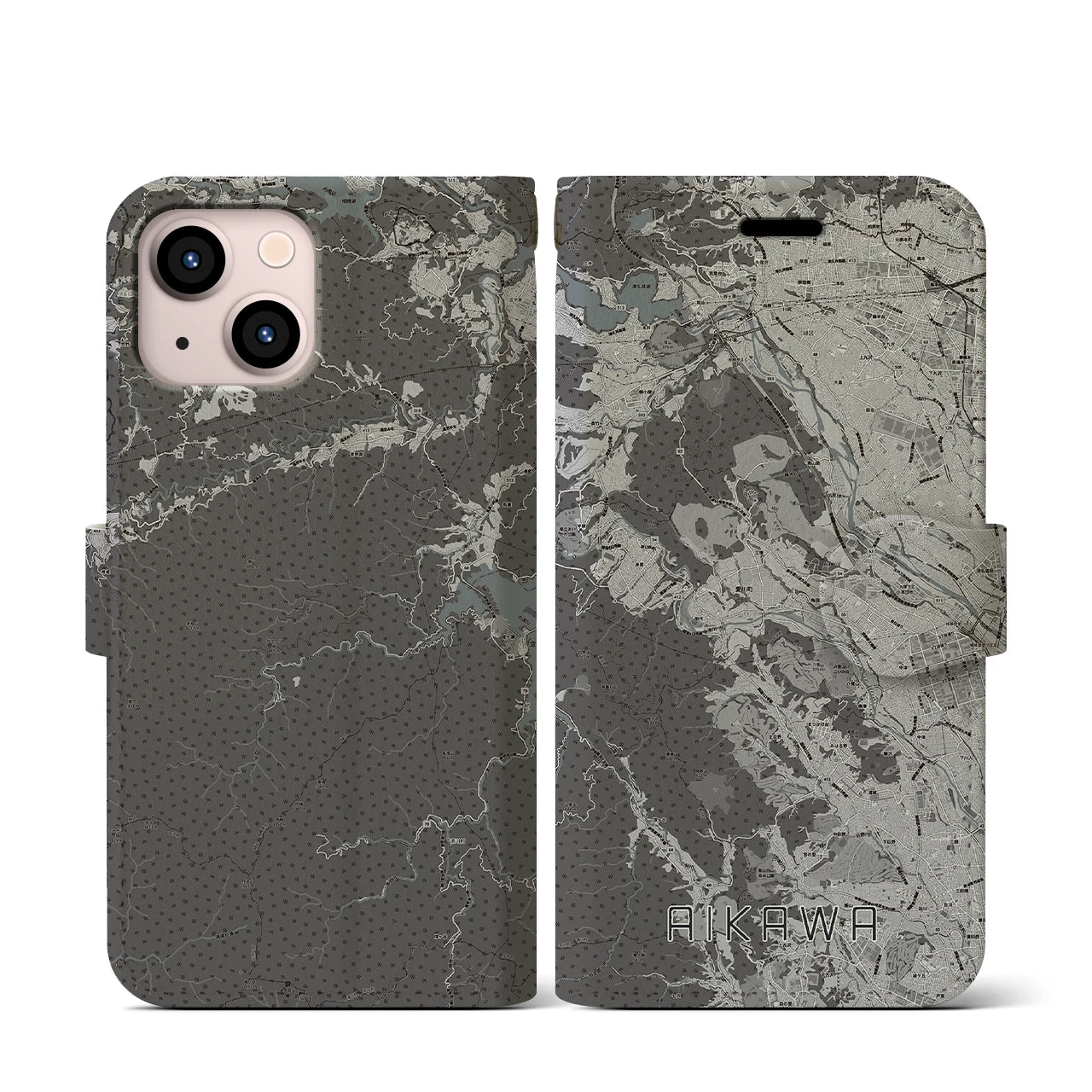 【愛川(神奈川県)】地図柄iPhoneケース(手帳タイプ)モノトーン・iPhone 13 mini 用