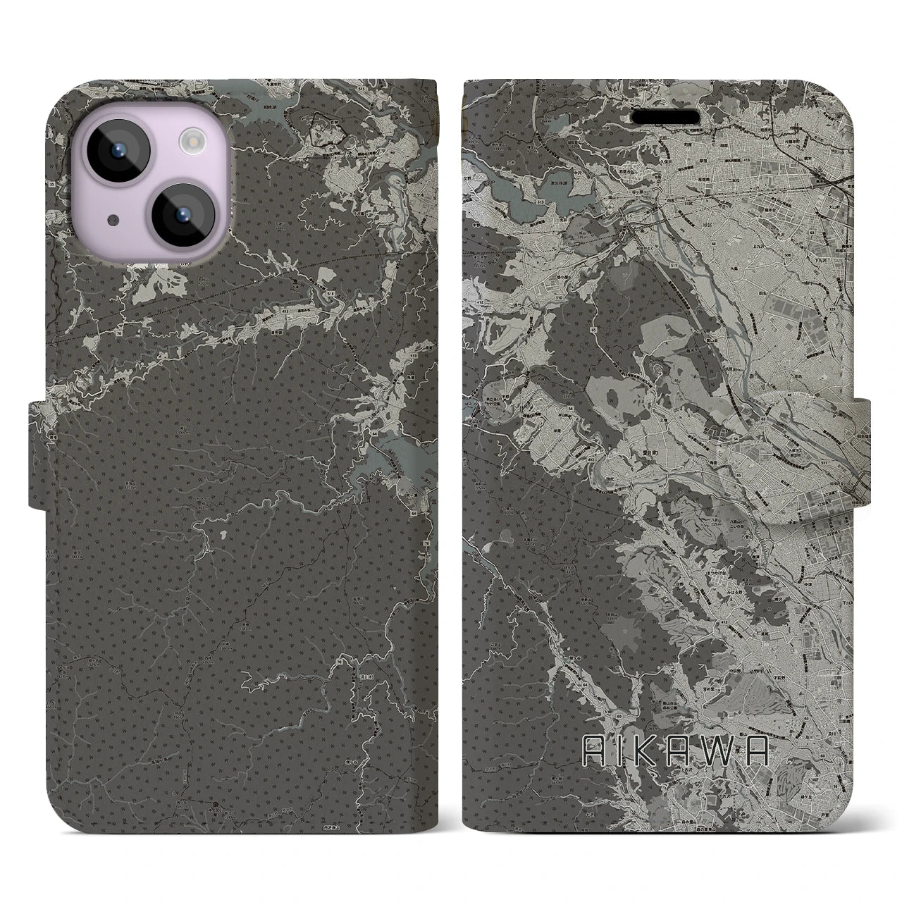 【愛川(神奈川県)】地図柄iPhoneケース(手帳タイプ)モノトーン・iPhone 14 用