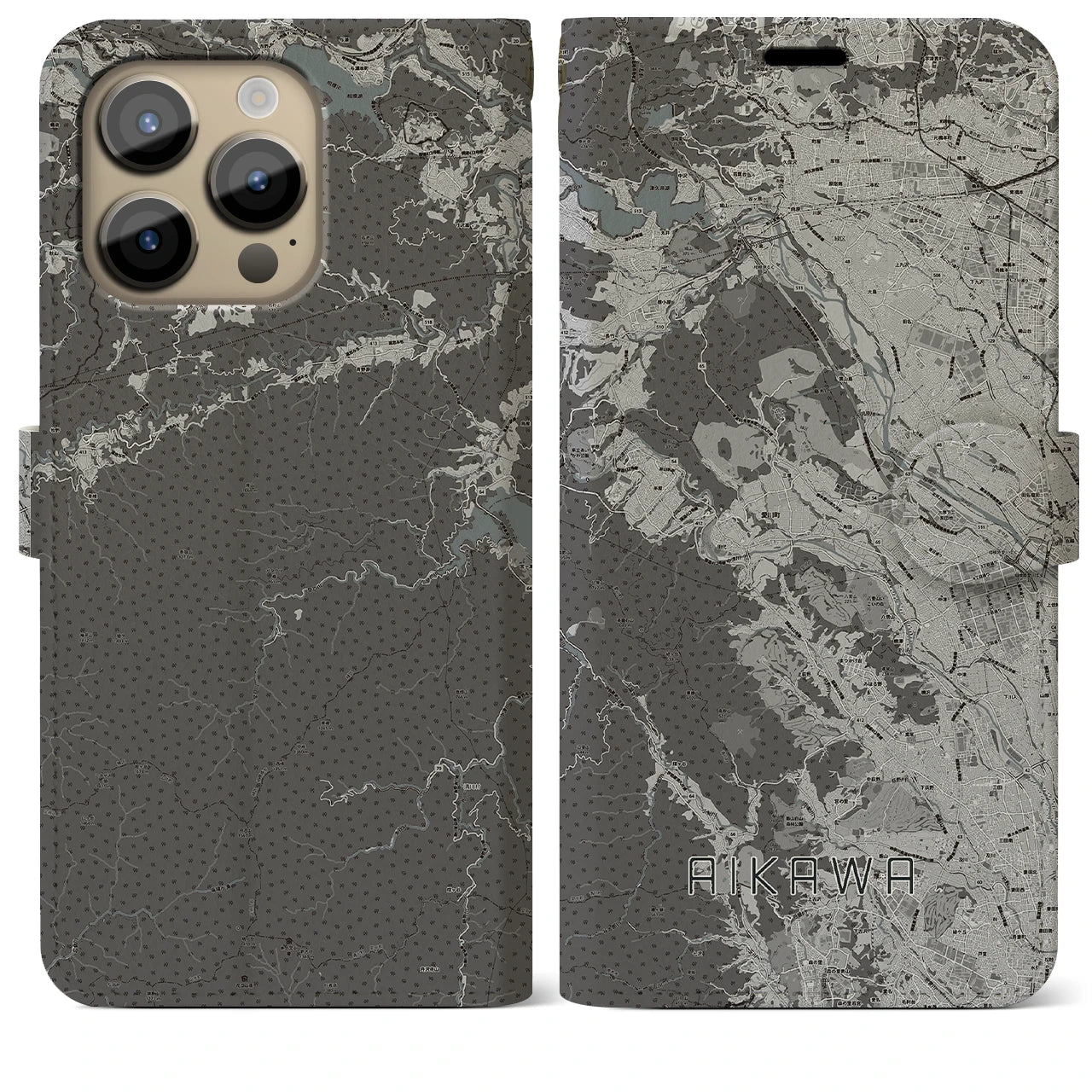 【愛川(神奈川県)】地図柄iPhoneケース(手帳タイプ)モノトーン・iPhone 14 Pro Max 用