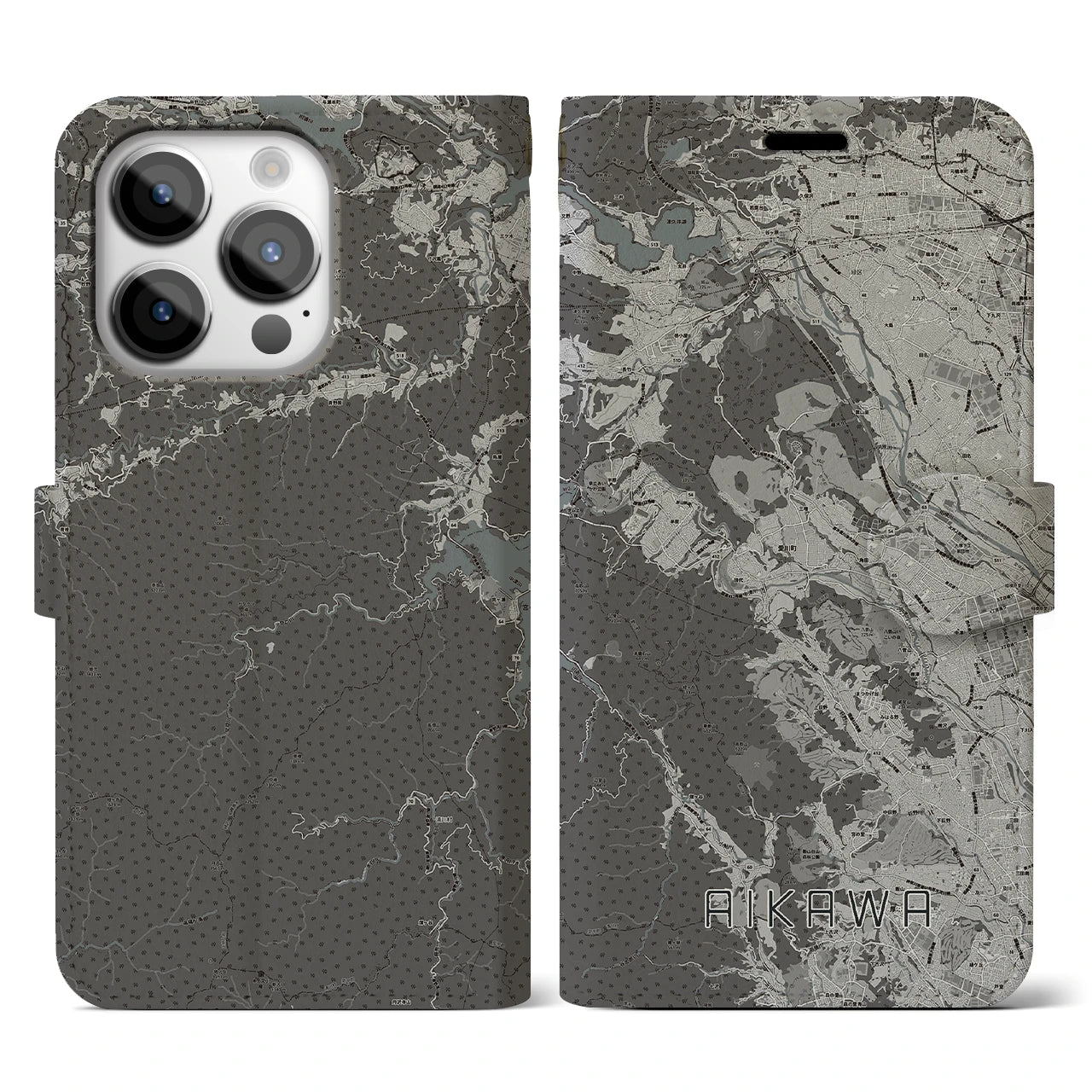 【愛川(神奈川県)】地図柄iPhoneケース(手帳タイプ)モノトーン・iPhone 14 Pro 用