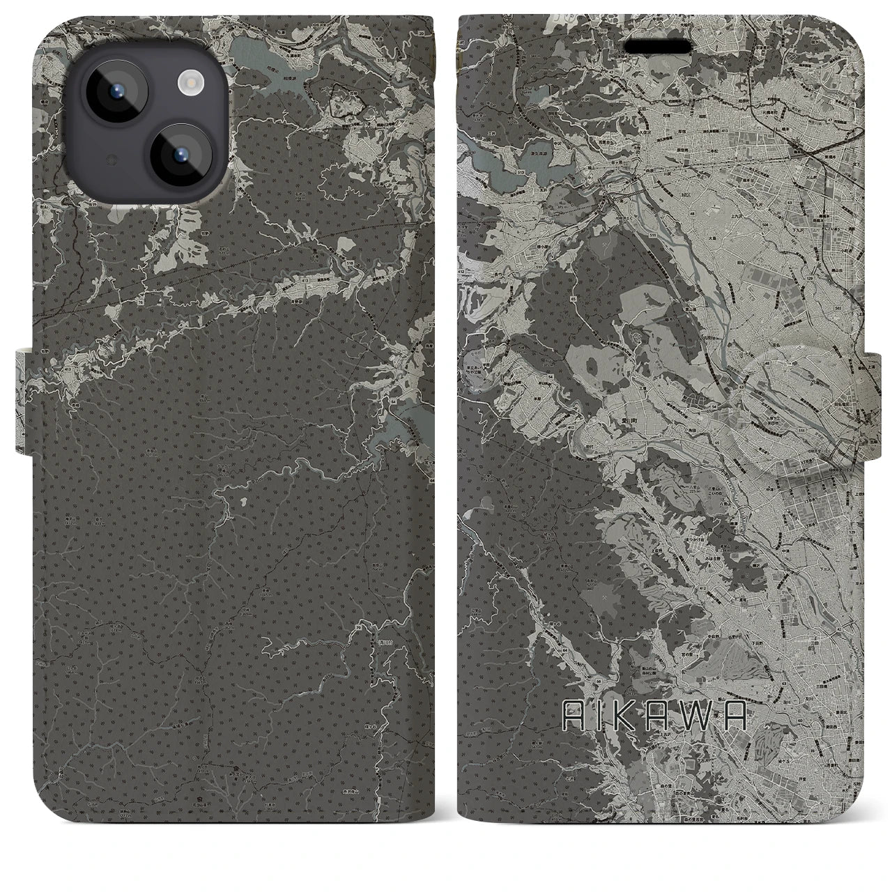 【愛川(神奈川県)】地図柄iPhoneケース(手帳タイプ)モノトーン・iPhone 14 Plus 用
