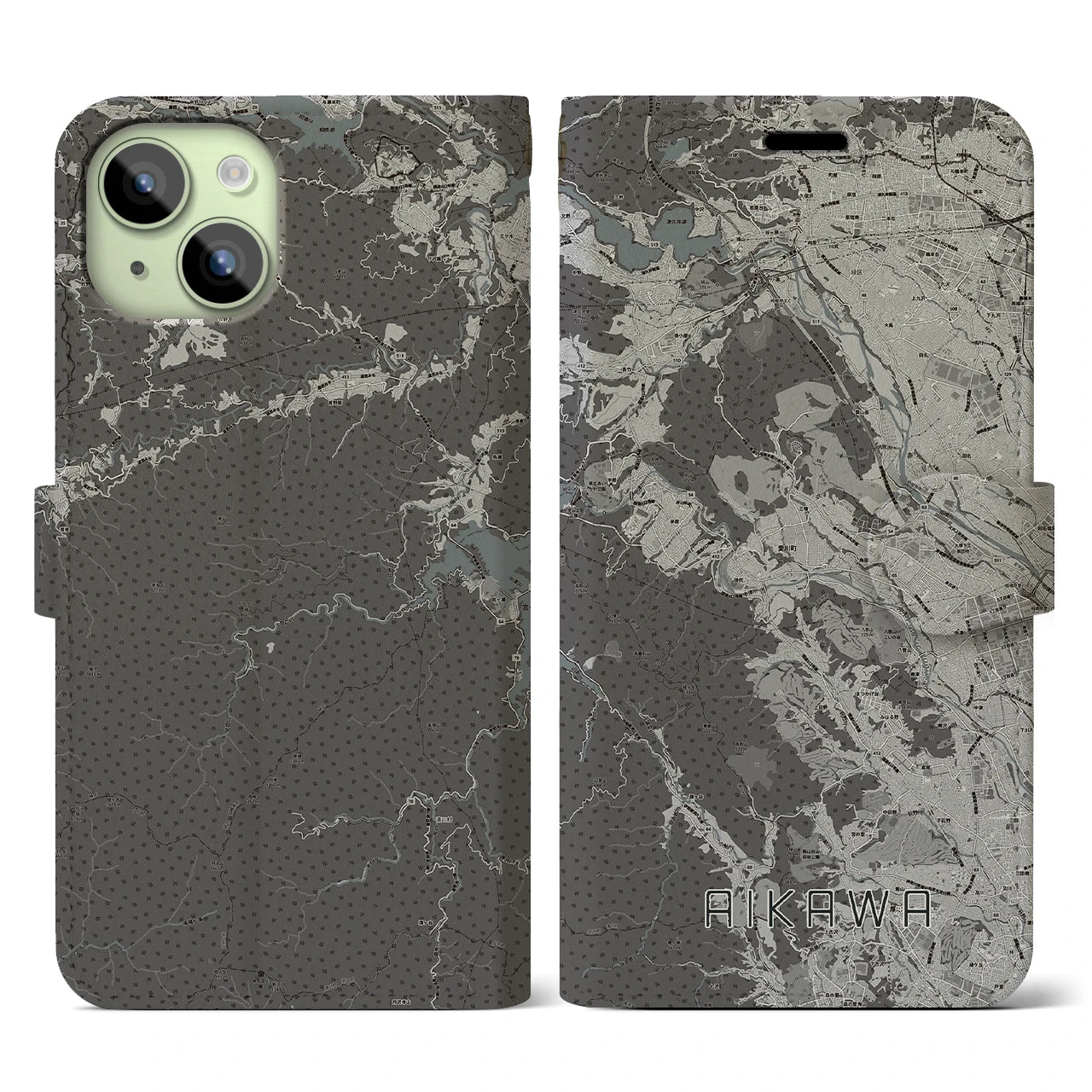 【愛川(神奈川県)】地図柄iPhoneケース(手帳タイプ)モノトーン・iPhone 15 用