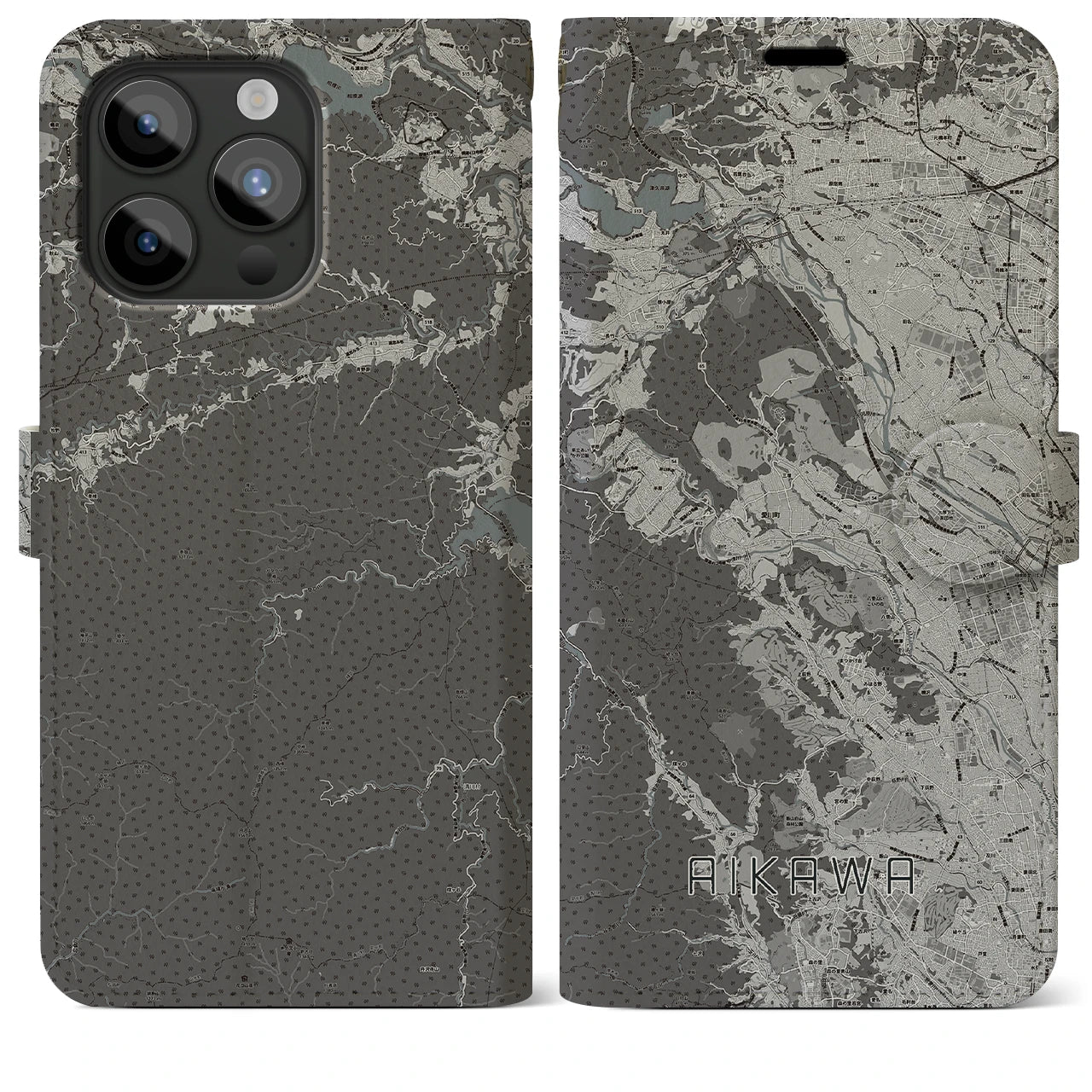 【愛川(神奈川県)】地図柄iPhoneケース(手帳タイプ)モノトーン・iPhone 15 Pro Max 用