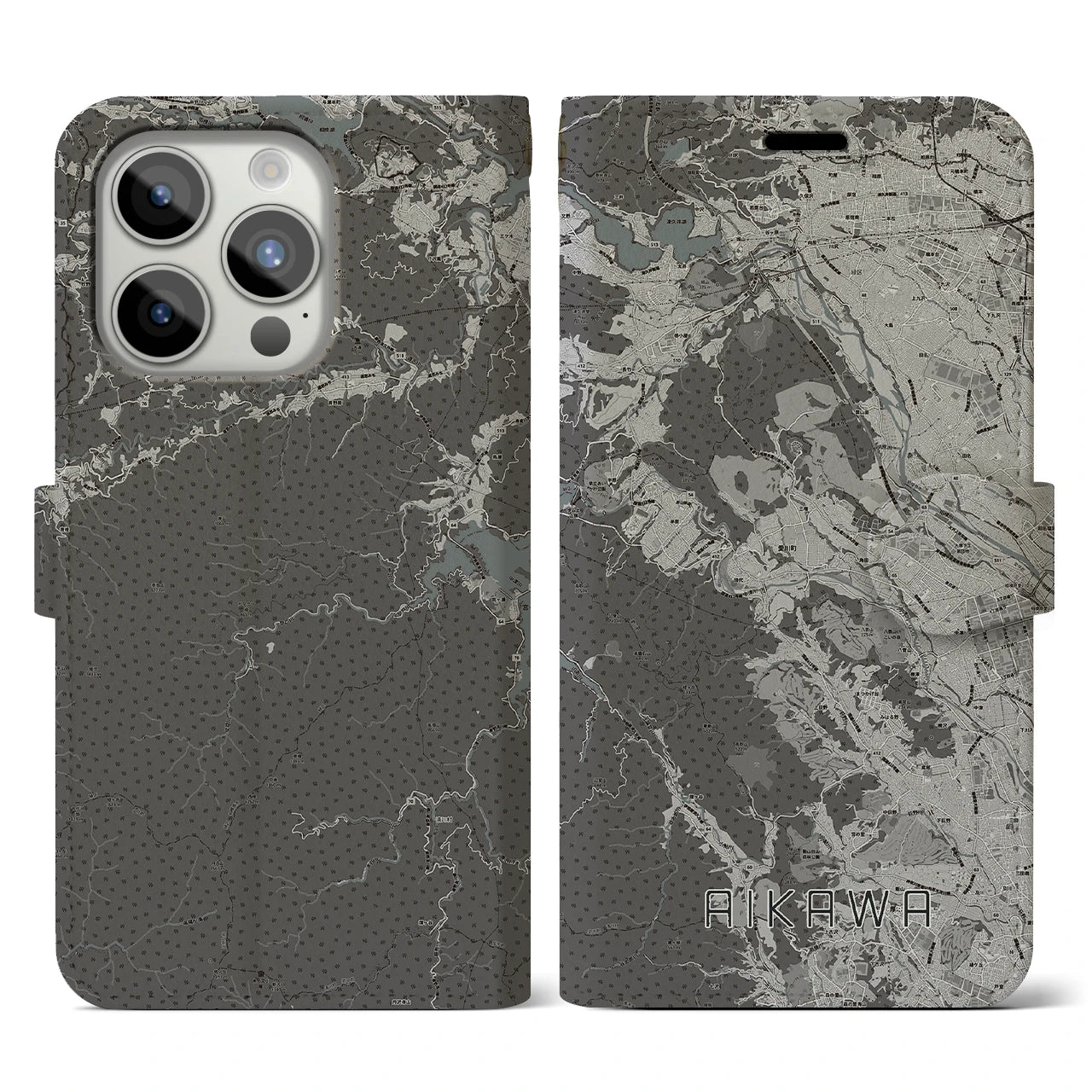 【愛川(神奈川県)】地図柄iPhoneケース(手帳タイプ)モノトーン・iPhone 15 Pro 用