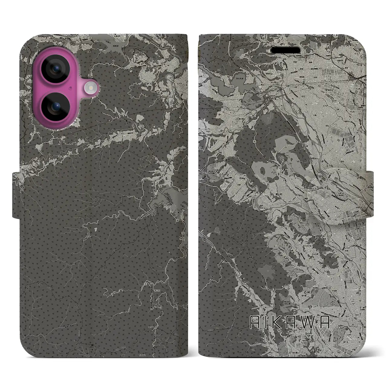 【愛川(神奈川県)】地図柄iPhoneケース(手帳タイプ)モノトーン・iPhone 16 Pro 用