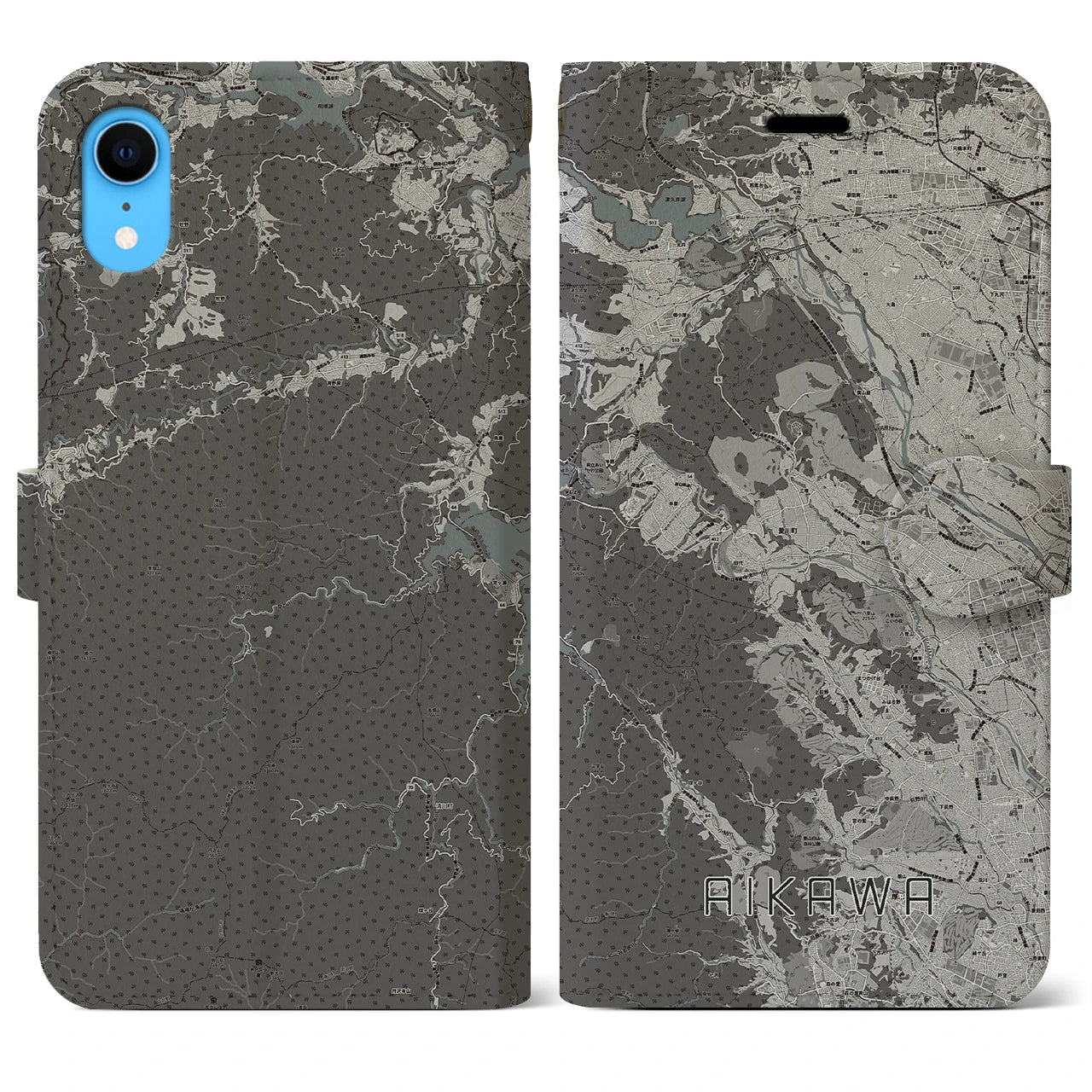 【愛川(神奈川県)】地図柄iPhoneケース(手帳タイプ)モノトーン・iPhone XR 用