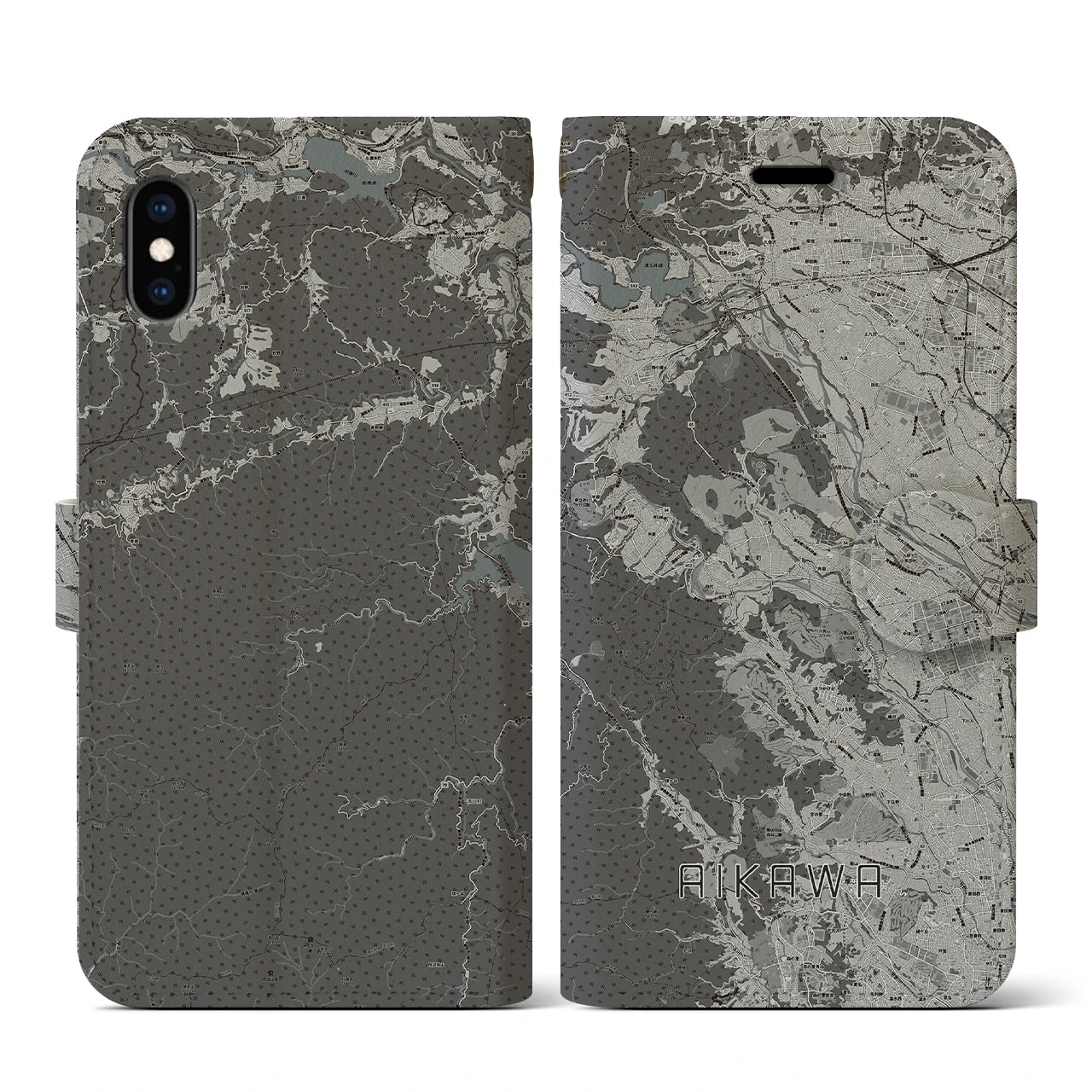 【愛川(神奈川県)】地図柄iPhoneケース(手帳タイプ)モノトーン・iPhone XS / X 用