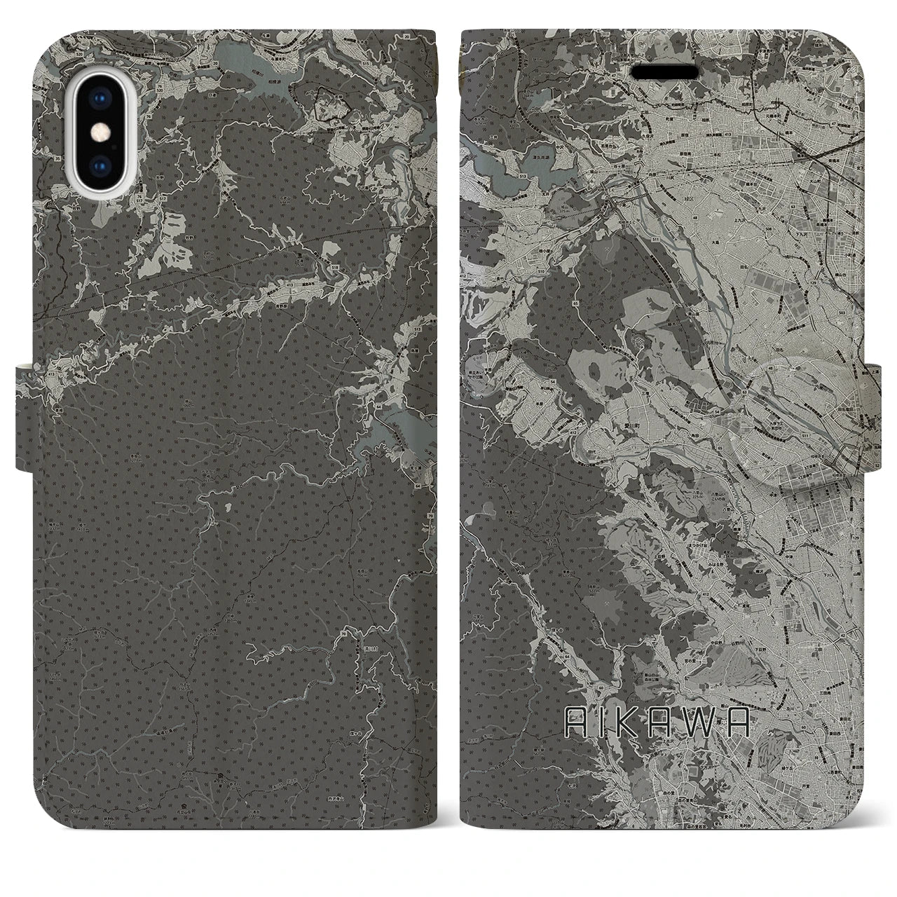 【愛川(神奈川県)】地図柄iPhoneケース(手帳タイプ)モノトーン・iPhone XS Max 用