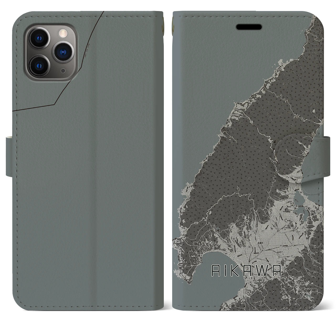 【相川(新潟県)】地図柄iPhoneケース(手帳タイプ)モノトーン・iPhone 11 Pro Max 用