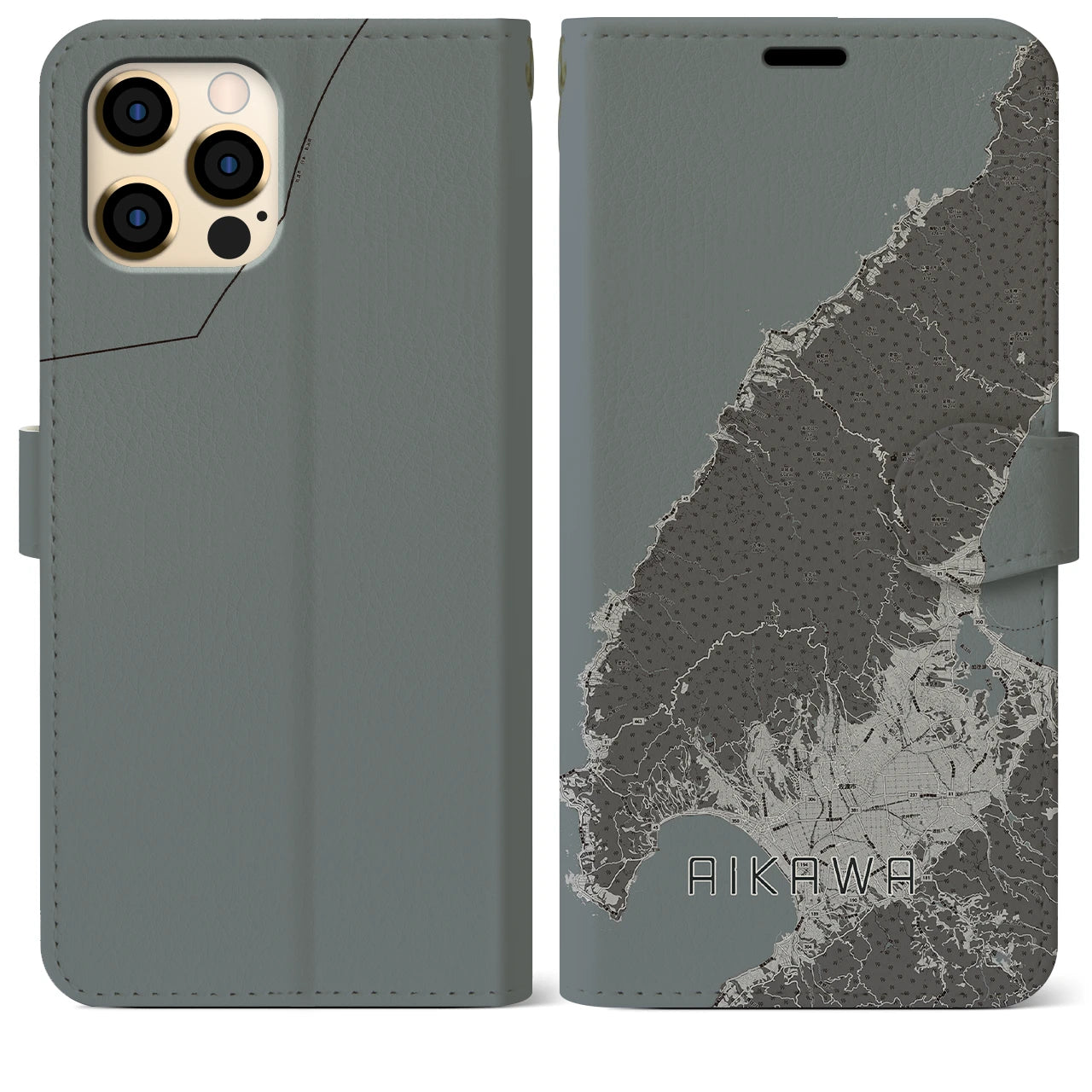 【相川(新潟県)】地図柄iPhoneケース(手帳タイプ)モノトーン・iPhone 12 Pro Max 用