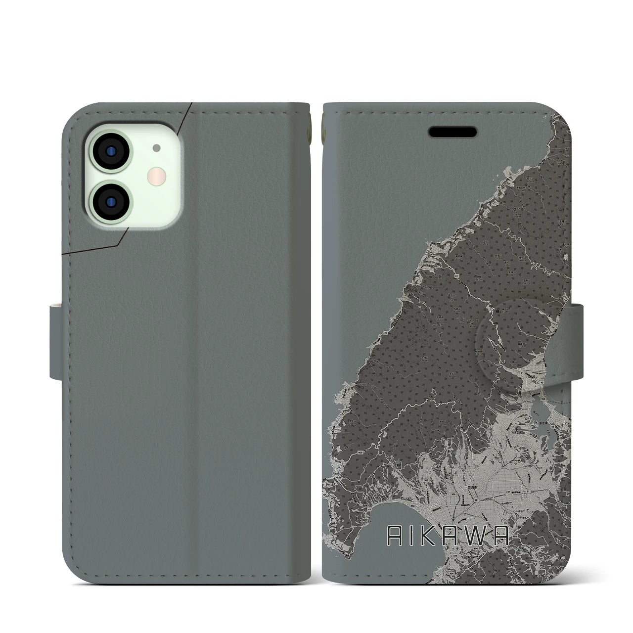 【相川(新潟県)】地図柄iPhoneケース(手帳タイプ)モノトーン・iPhone 12 mini 用