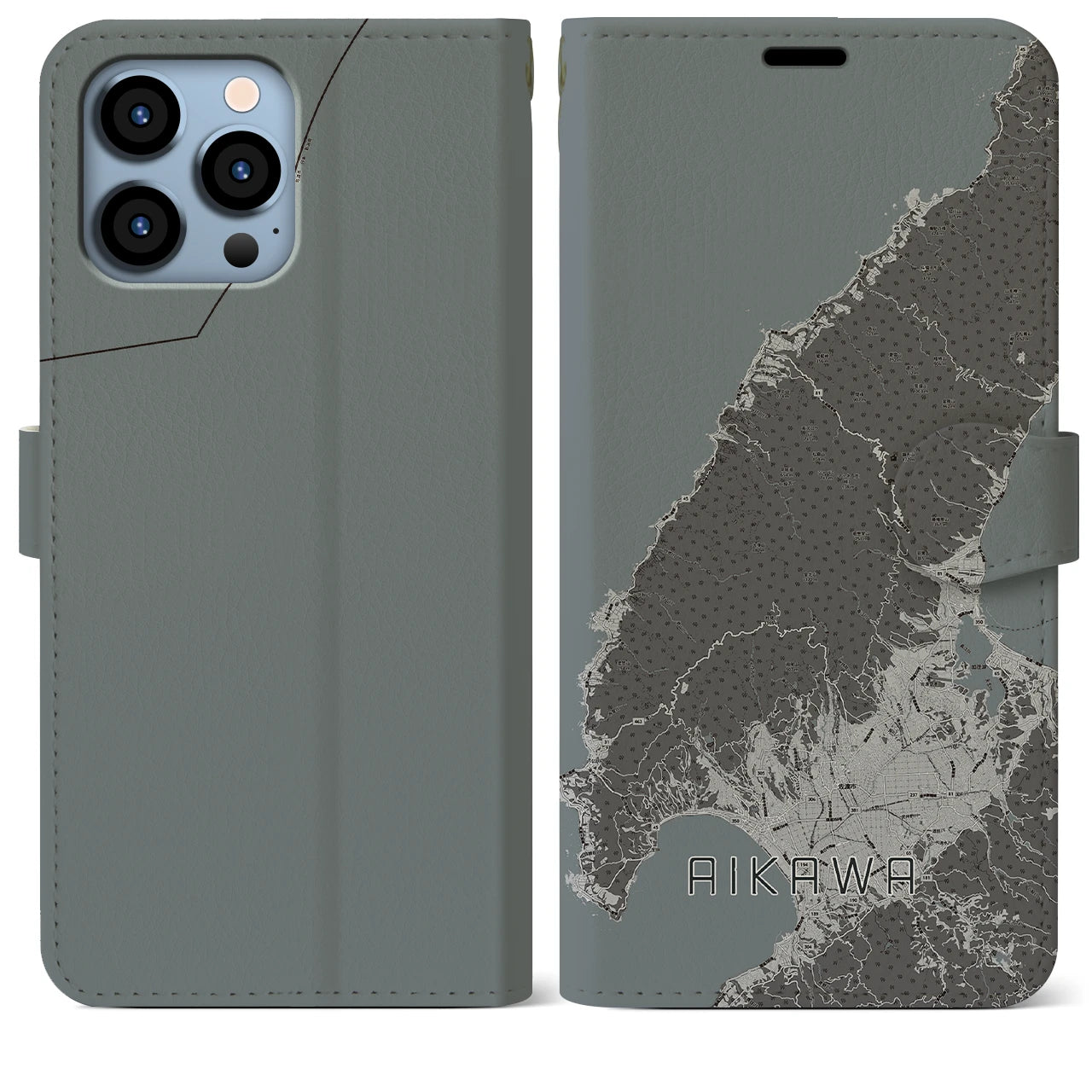 【相川(新潟県)】地図柄iPhoneケース(手帳タイプ)モノトーン・iPhone 13 Pro Max 用