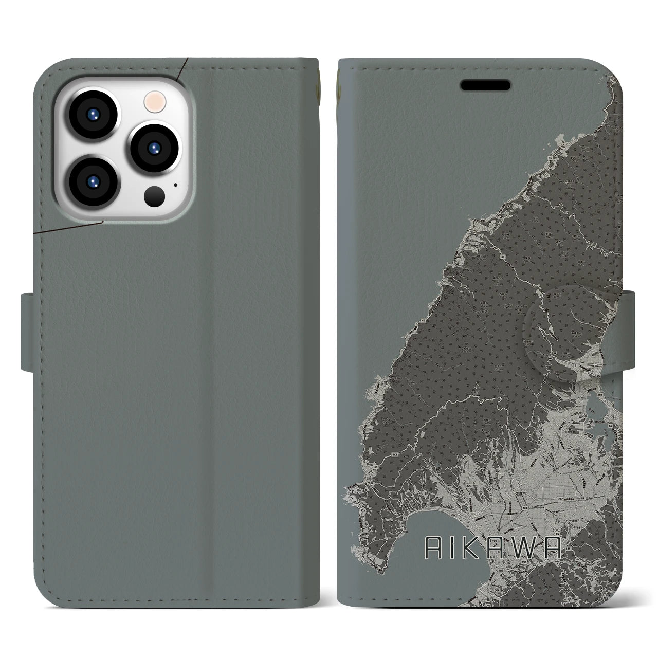 【相川(新潟県)】地図柄iPhoneケース(手帳タイプ)モノトーン・iPhone 13 Pro 用