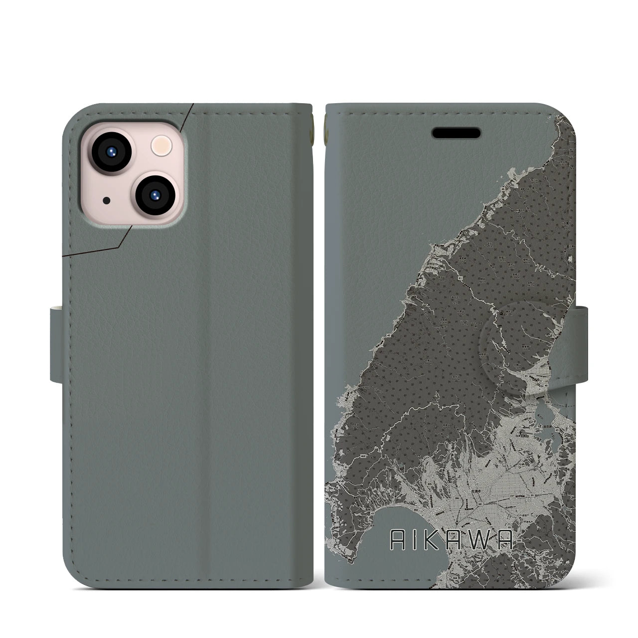 【相川(新潟県)】地図柄iPhoneケース(手帳タイプ)モノトーン・iPhone 13 mini 用