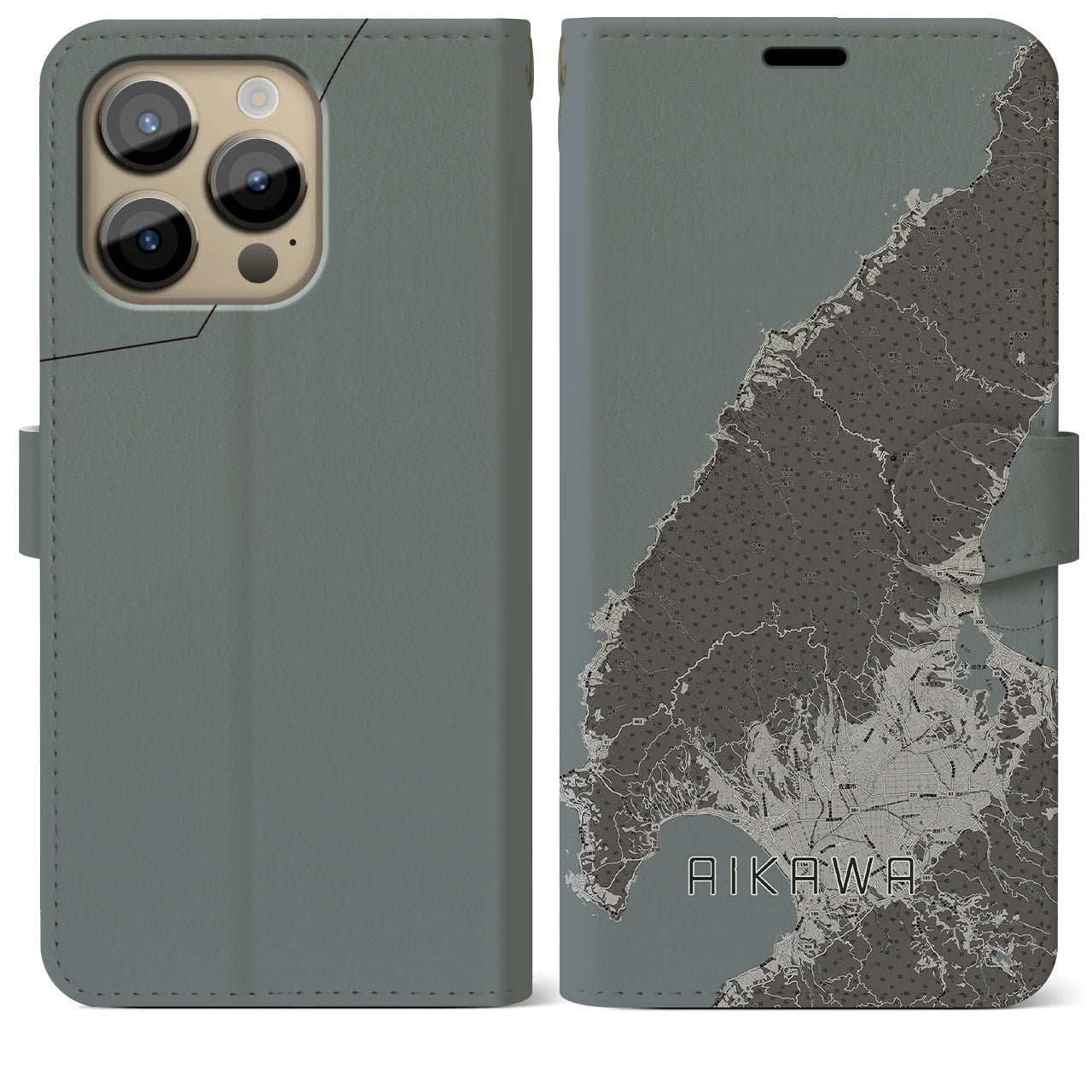 【相川(新潟県)】地図柄iPhoneケース(手帳タイプ)モノトーン・iPhone 14 Pro Max 用