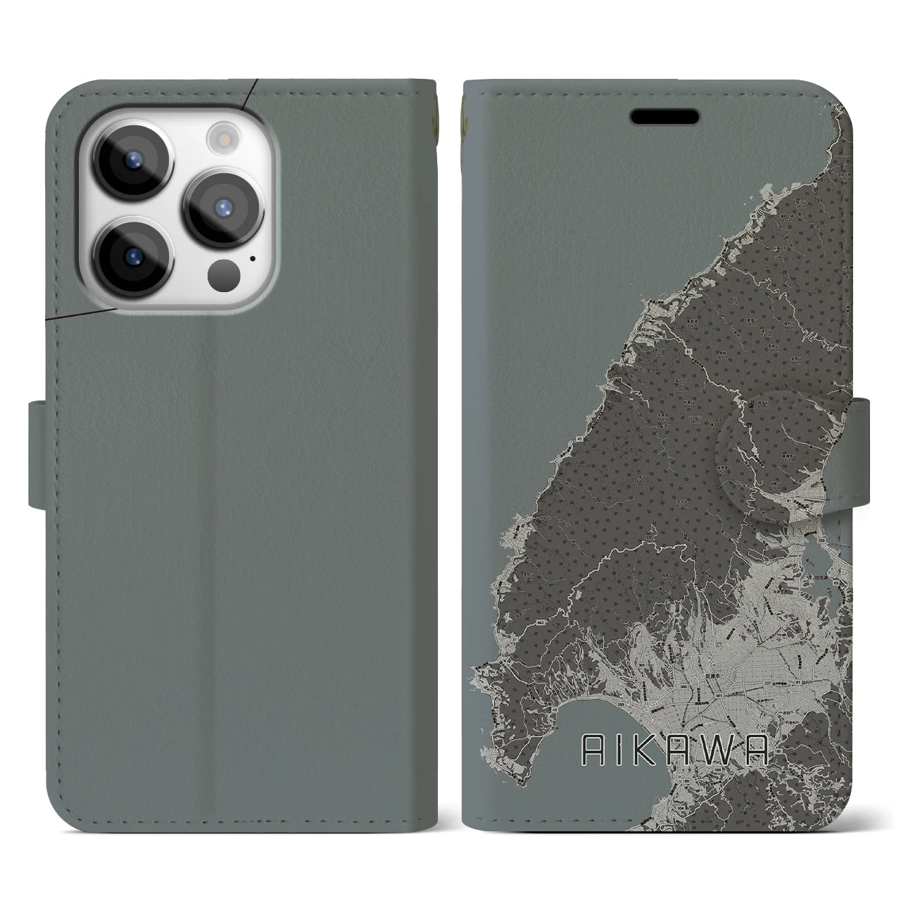 【相川(新潟県)】地図柄iPhoneケース(手帳タイプ)モノトーン・iPhone 14 Pro 用