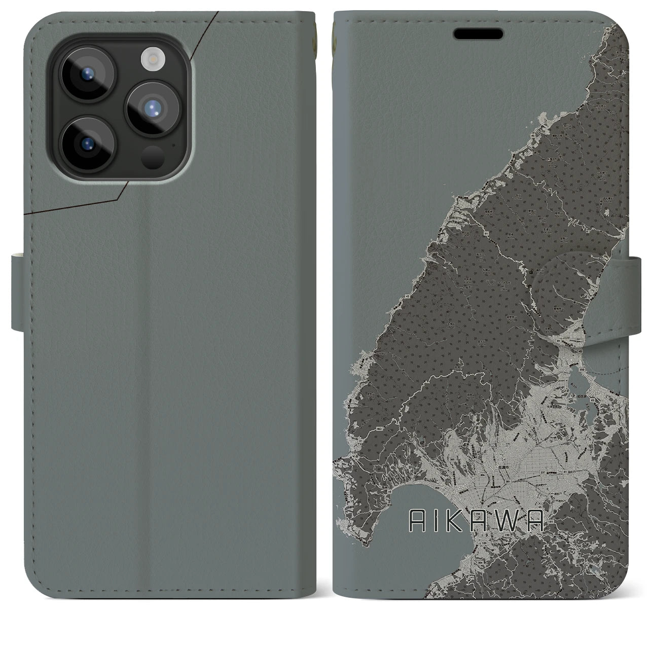 【相川(新潟県)】地図柄iPhoneケース(手帳タイプ)モノトーン・iPhone 15 Pro Max 用