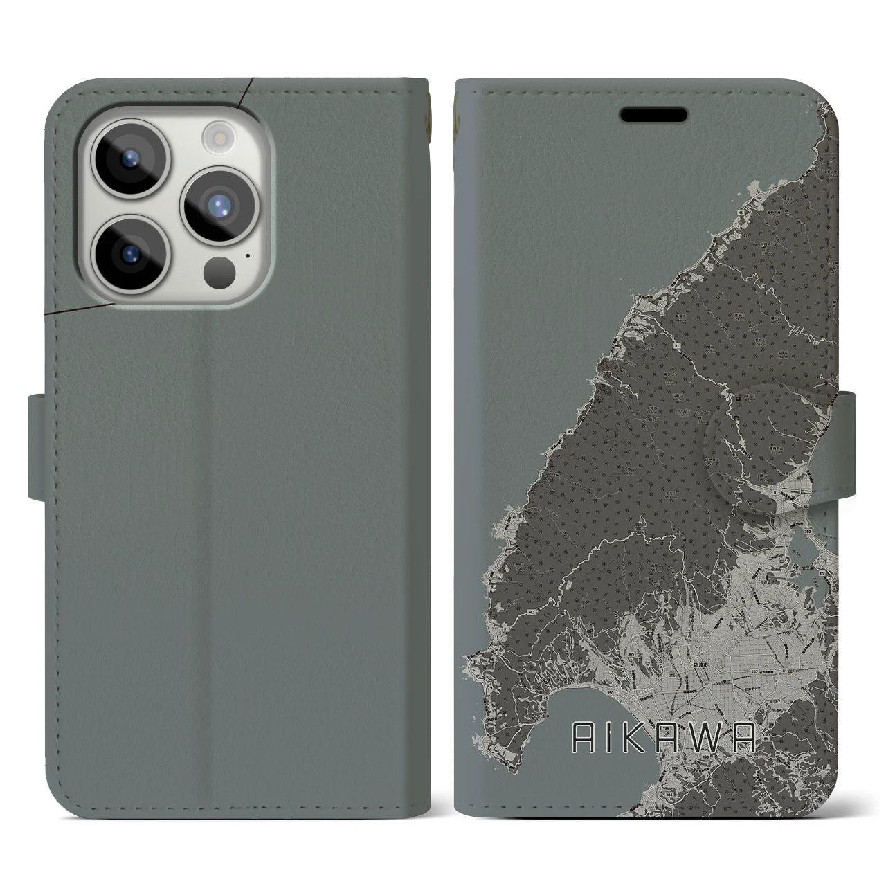 【相川(新潟県)】地図柄iPhoneケース(手帳タイプ)モノトーン・iPhone 15 Pro 用