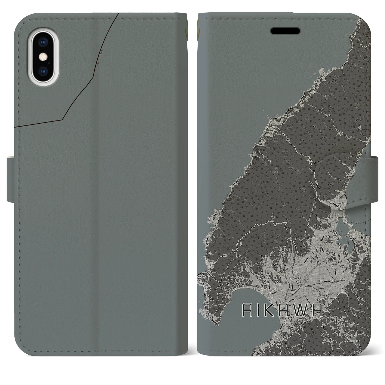 【相川(新潟県)】地図柄iPhoneケース(手帳タイプ)モノトーン・iPhone XS Max 用