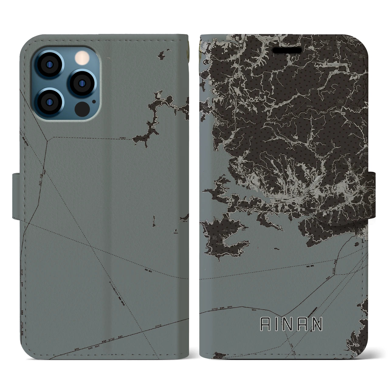 【愛南(愛媛県)】地図柄iPhoneケース(手帳タイプ)モノトーン・iPhone 12 / 12 Pro 用