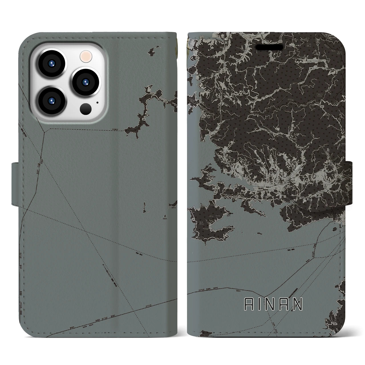 【愛南(愛媛県)】地図柄iPhoneケース(手帳タイプ)モノトーン・iPhone 13 Pro 用