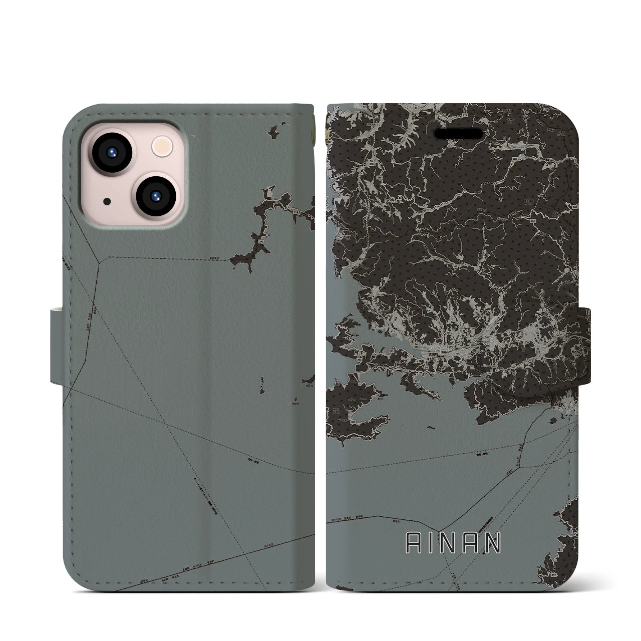 【愛南(愛媛県)】地図柄iPhoneケース(手帳タイプ)モノトーン・iPhone 13 mini 用