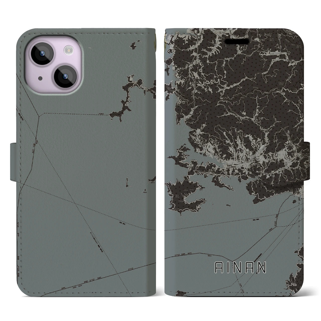 【愛南(愛媛県)】地図柄iPhoneケース(手帳タイプ)モノトーン・iPhone 14 用